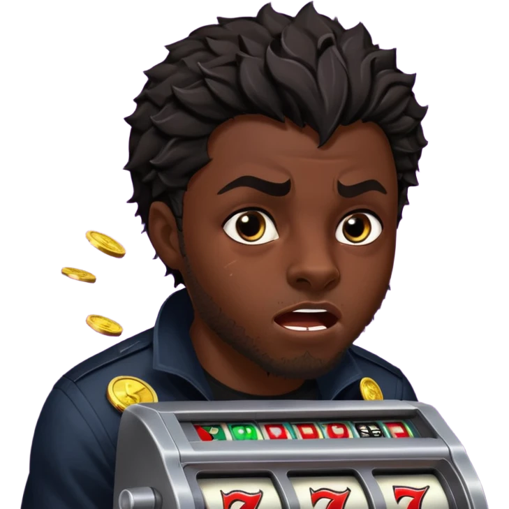 disheveled Black Panther losing money at a slot machine, panicked face, coins flying emoji
