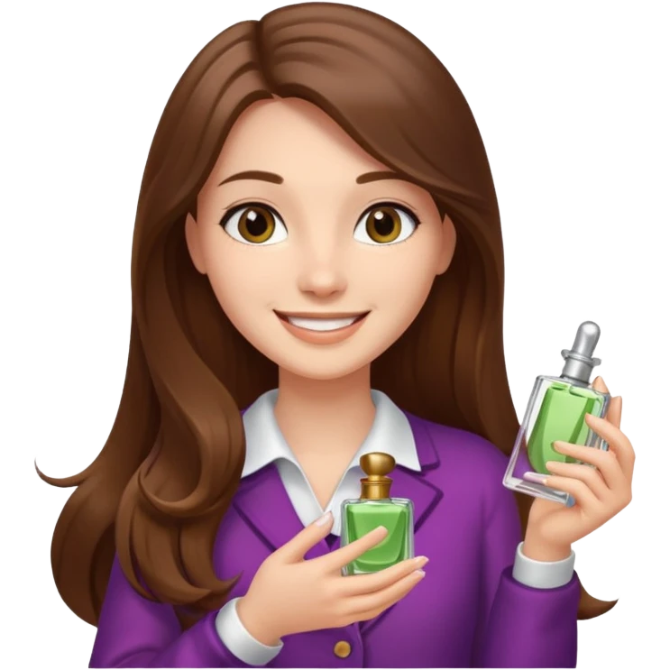 half body pretty long hair girl holding 1 parfume with smile emoji