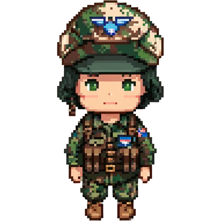 militar con uniforme pixelado boscoso, boina negra con emblema paracaidista, piel morena emoji