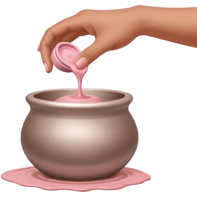 single hand caught mid-action of throwing a pink clay blob that is already placed on a silver pottery wheel emoji