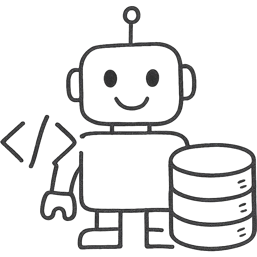 hand-drawn outlined icon of a friendly robot with a code snippet and database cylinder emoji