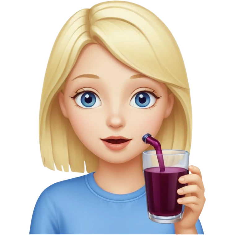 blonde girl with blue eyes sipping elderberry juice, cheerful expression emoji