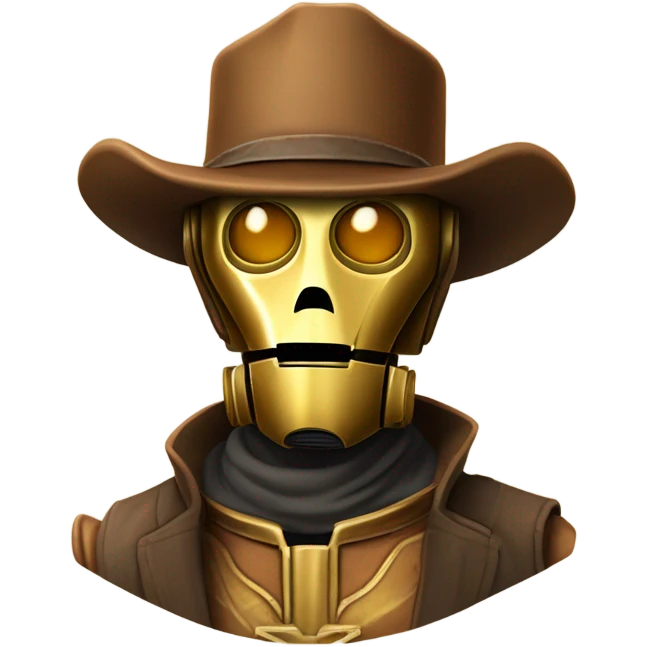 human-sized wild west Bounty hunter cowboy C3po wearing a small hat relaxed pose bearded rusty emoji