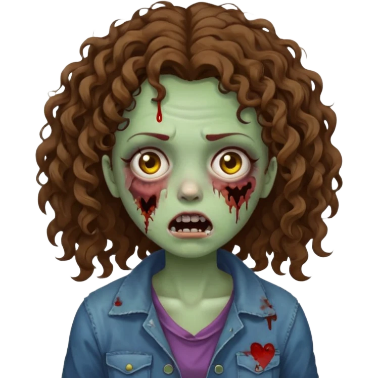 Zombie girl with curly brown hair como emoji de iphone y con la boca un poco lastimada  emoji