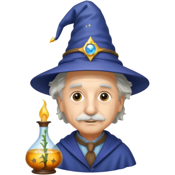 Albert Einstein, wearing wizard hat custome, with glass vase emoji