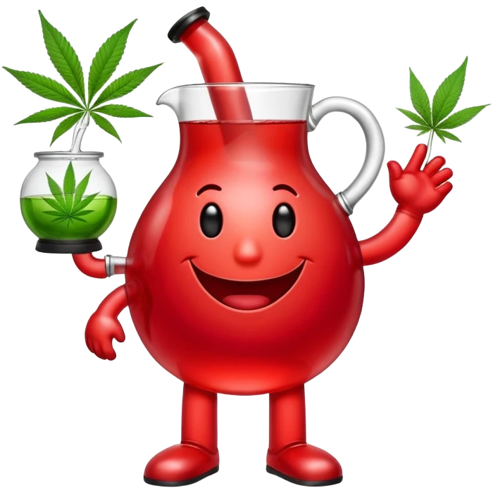 Kool-Aid Man pitcher character with legs and arms holding a bong and a prominent cannabis leaf emoji