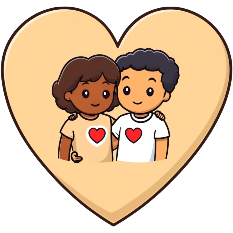 A couple with dark brown hair and mixed skin tone inside a white heart, wearing beige clothes emoji