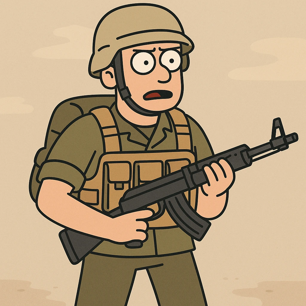 cartoon style soldier with gun, chest rig, backpack, and helmet emoji