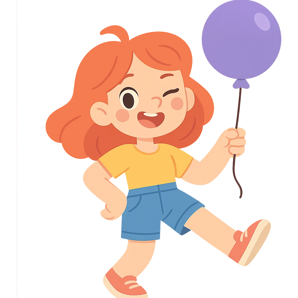 red-haired girl in a playful pose, winking and holding a balloon emoji