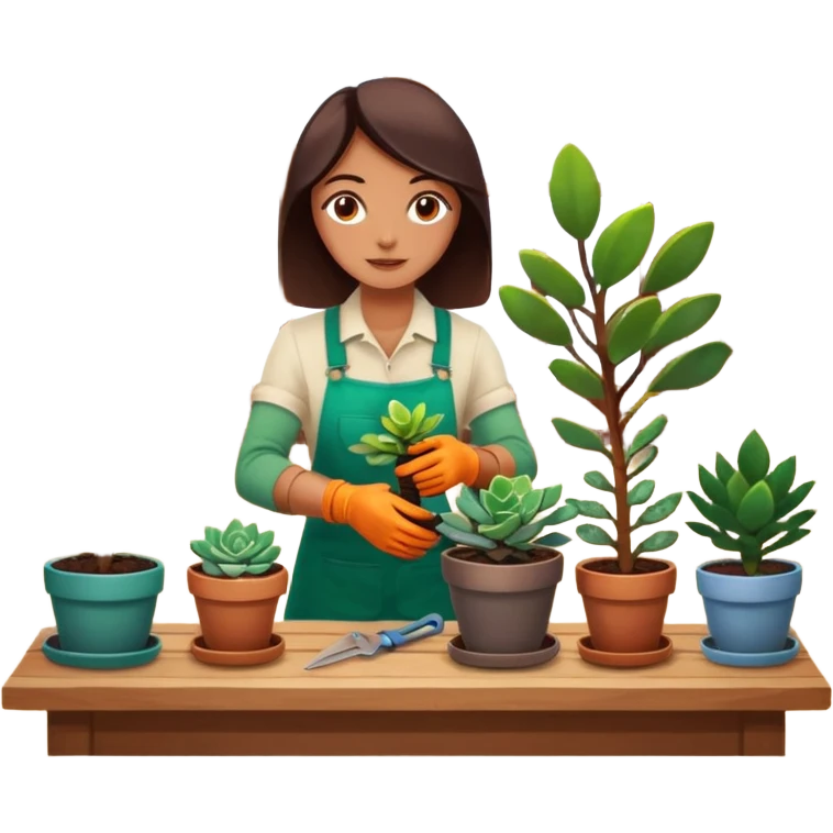 Close-up of a person planting a sapling in a pot. Around, potted plants and succulents with vibrant leaves and flowers. Sunlight filters through the window, casting soft shadows. Cozy indoor space with gardening tools on a wooden table. emoji