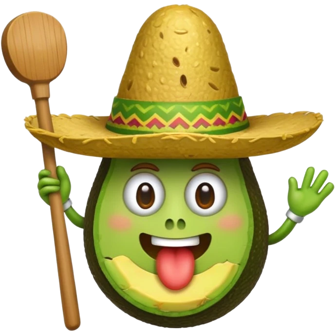 avocado in guacamole, wearing a sombrero, with a cartoon mallet above its head, whack-a-mole inspired, iOS emoji style emoji