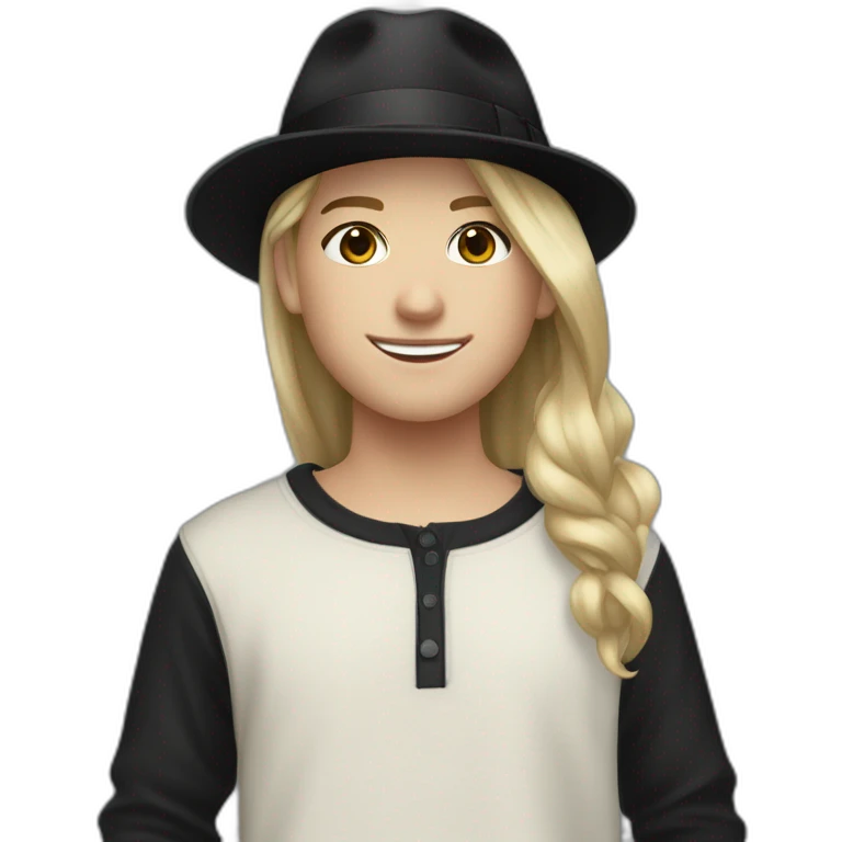 Neutral smile white teenager, with short blond hair wearing a small black fedora hat, and a black adidas long sleeve sweater emoji