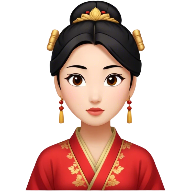 Cinematic Elegant Mulan Portrait Emoji, rendered in a realistic, vector-style with minimal shading and bold, simplified shapes. Depict Mulan (chest and above) with warm, light-toned skin, almond-shaped eyes, and sleek black hair styled in a traditional bun. She wears a modest, traditional robe with subtle red and gold accents, glowing with a soft, refined radiance and high shine, capturing timeless beauty and inner strength. emoji