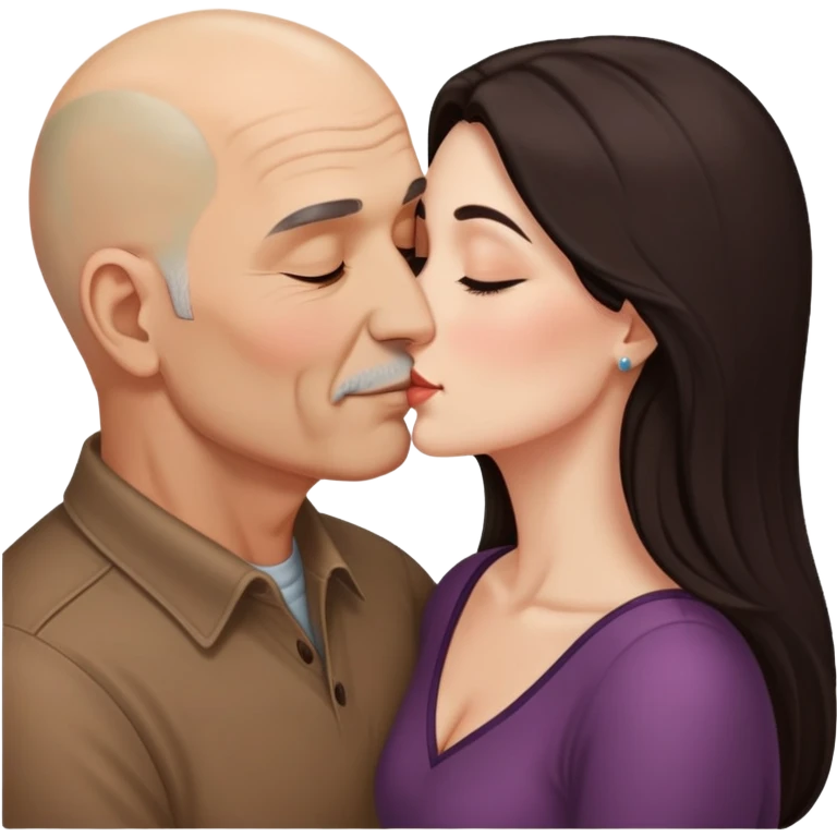 Beautiful woman with long dark hair, kissing a older Hispanic  bald man emoji