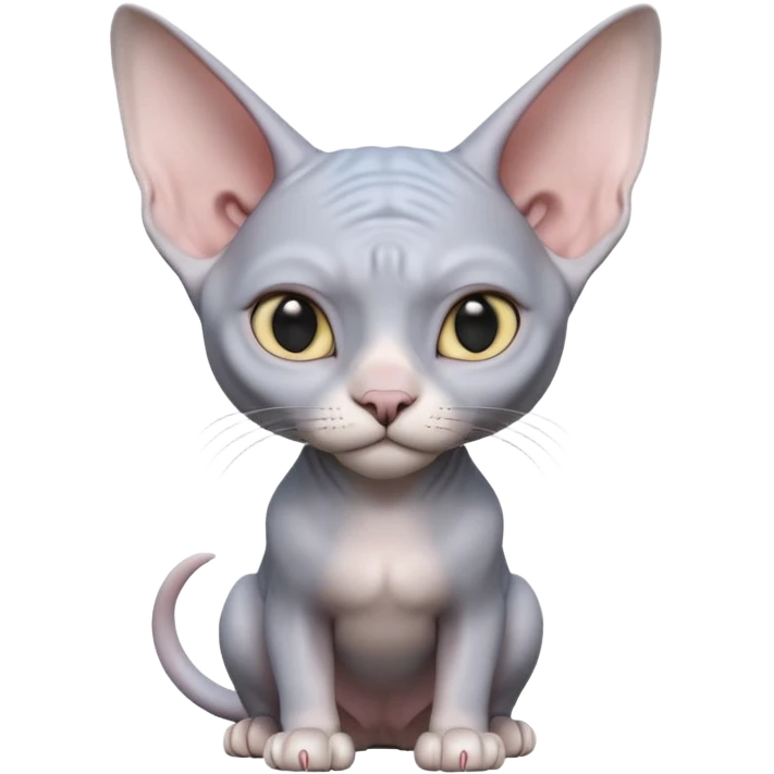 A 3D cartoon silver-gray Sphynx cat with smooth skin, gentle expression, elegant pastel lighting, cinematic Memoji rendering. full body or half body. emoji