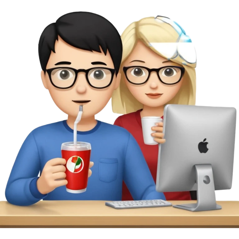 Hombre blanco con gafas, pelo negro tomando un refresco frente a un ordenador con ropa de sport, en la pantalla del ordenador una mujer rubia tomando café emoji