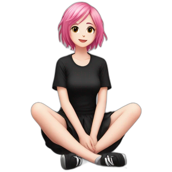 Full body Front view curvy emo girl pink hair sits on the floor straight view hands up black skirt полосатые рваные чулки emoji