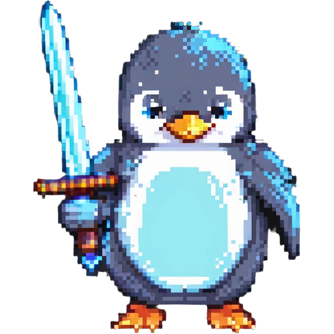 pixel art style penguin holding a glowing sword emoji