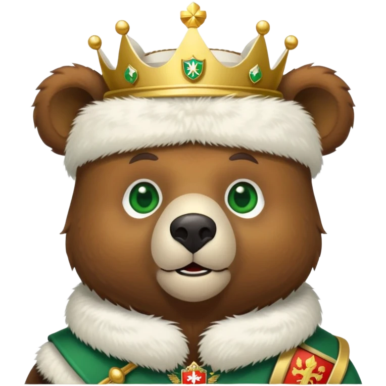 Adorable brown bear with green eyes, white furry ushanka, detailed Russian Federation emblem with golden double-headed eagle, three crowns, scepter and orb, St. George on chest shield, minimalist iOS emoji style emoji