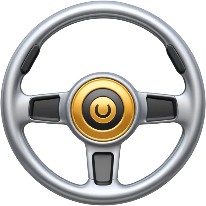 A futuristic steering wheel emoji made of silver chrome, minimal geometric design, smooth metallic surface, soft reflections, iOS emoji style, centered, clean white background emoji