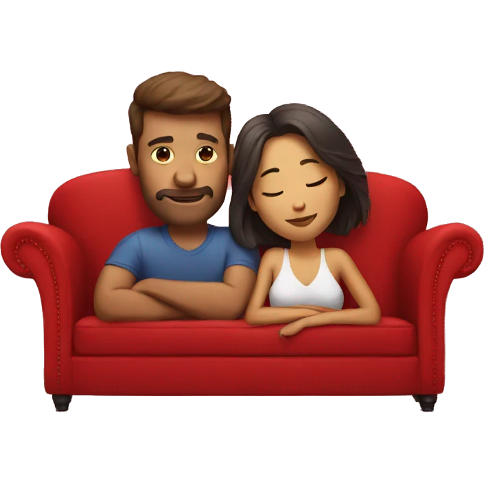 Man and a woman lying on red sofa in love emoji