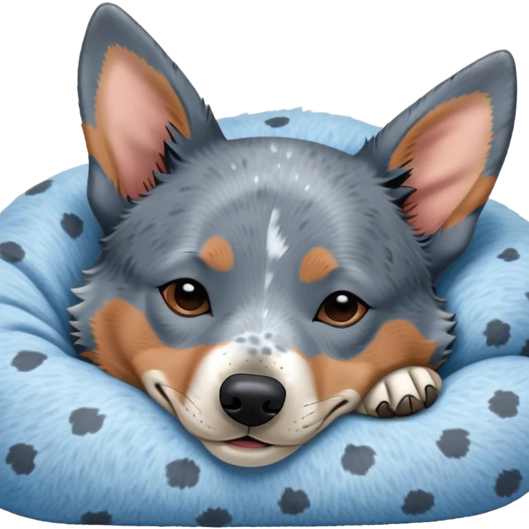 Meme-Worthy Cute Sleeping Blue Speckle Australian Cattle Dog Portrait Emoji, Head resting peacefully with a contented smile, showcasing a robust build and a luxuriously soft blue speckle Fur, eyes shut in a serene nap, Simplified yet hilariously adorable features, highly detailed, glowing with a soft, drowsy light, high shine, relaxed and utterly lovable, stylized with an air of playful laziness, bright and heartwarming, soft glowing outline, capturing the essence of a comically sleepy herder, so meme-worthy it feels like it could instantly become the next viral sensation of adorable slumber! emoji