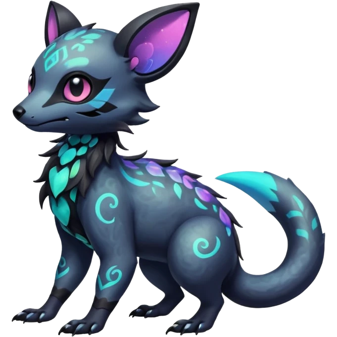 Rare neon iridescent white exotic cute epic aesthetic gothic colorful Salandit-Eevee-Civet-species-Fakemon-hybrid-creature, with intricate tattoo markings, full body emoji