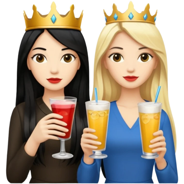 Two queens with long black hair and blonde drink emoji