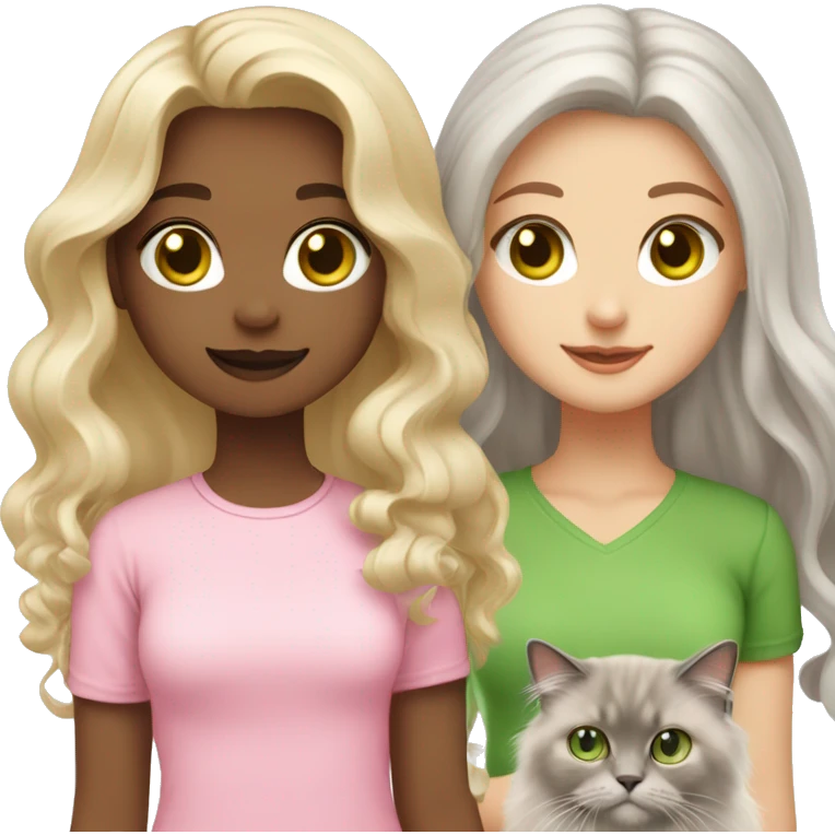 Coloured blonde girl with Long wavy hair with Brown green eyes and wearing a light pink shirt holding a grey  long haired ragdoll cat also wearing pink emoji
