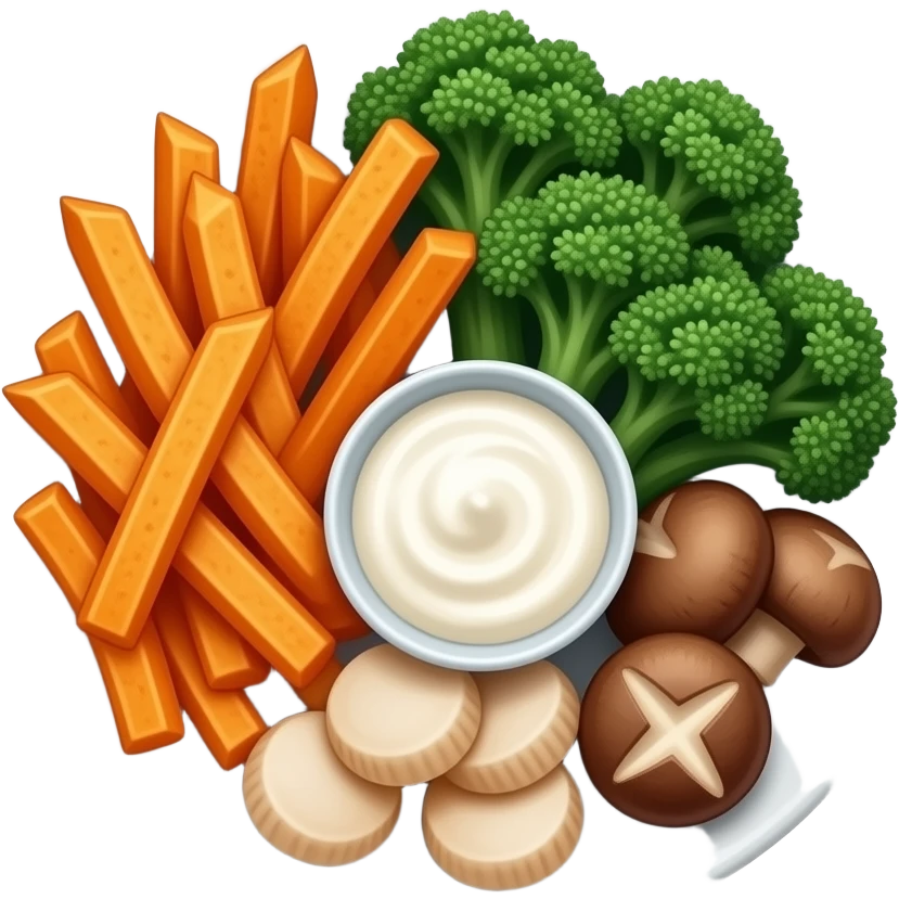 Realistic plate of sweet potato fries, kale, scallops, mushrooms and sour cream emoji