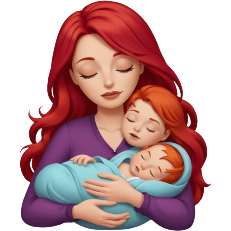 White woman with long red hair and makeup holding a sleeping baby emoji