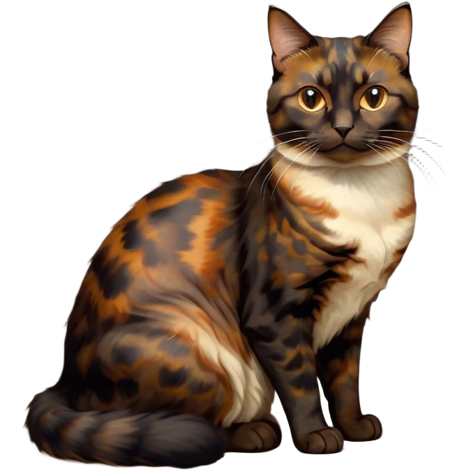 Cinematic Noble Tortoiseshell Cat Portrait Emoji, Poised and dignified, showcasing a luxurious, mottled fur of rich browns and blacks, with elegantly arched whiskers and a determined yet gentle expression, simplified yet meticulously detailed, glowing with a subtle, regal radiance, high shine, embodying quiet nobility and refined charm, soft glowing outline, capturing the essence of a sophisticated tortoiseshell cat exuding quiet authority! emoji