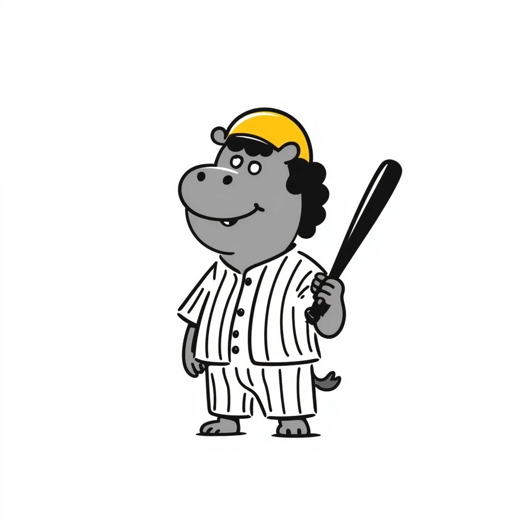 hippo holding a baseball bat, wearing a yellow helmet, pinstripes outfit emoji