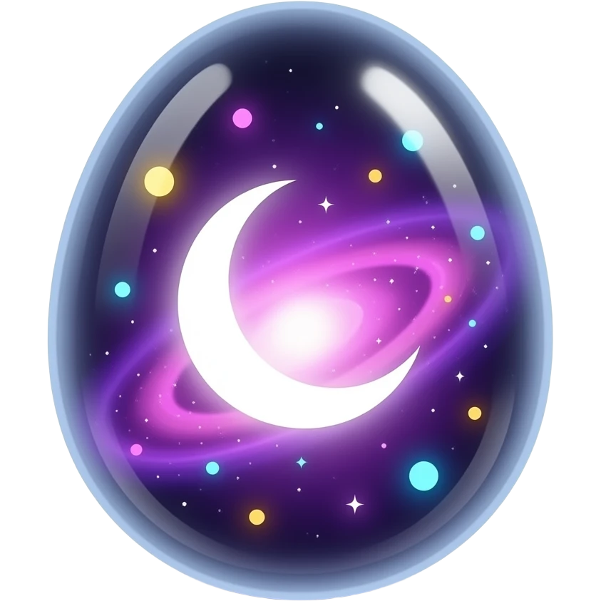 transparent glowing cosmic egg with no visible shell, fully see‑through, containing a swirling purple‑pink nebula and a luminous crecent moon, floating multicolored light orbs inside, isolated object, transparent background emoji