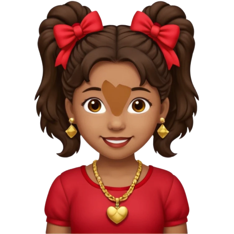 Brownskin girl dark brown hair fluffy. pigtails with red bows brown eyes smiling closed mouth red shirt gold esrrings gold necklace emoji