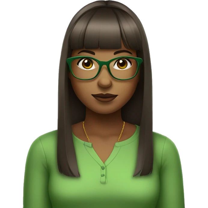 brown skin girl with straight bangs and green glasses standing emoji