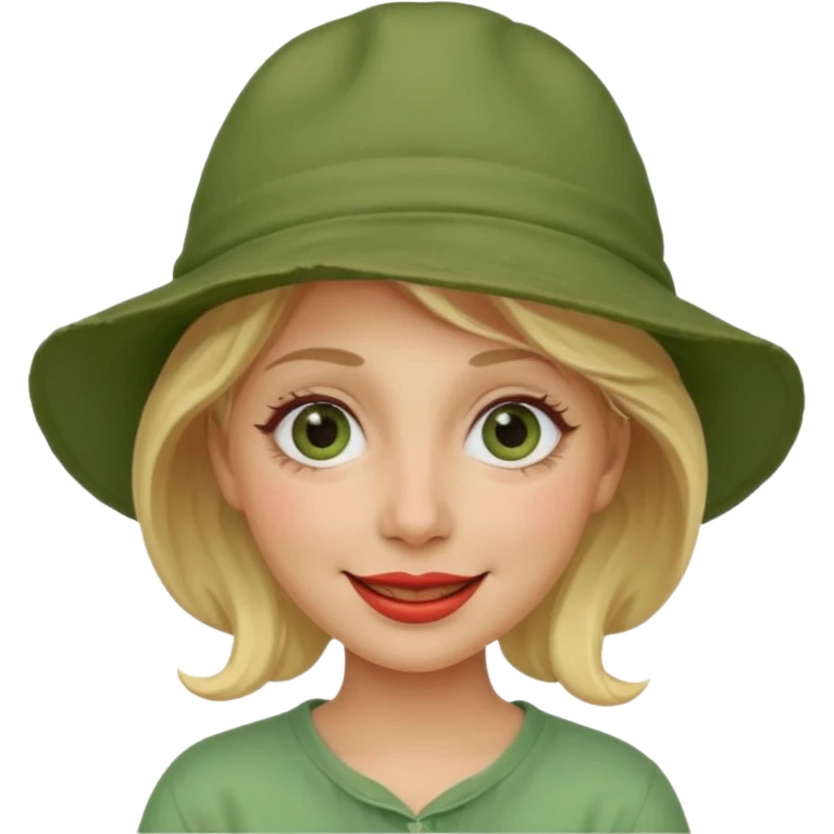 messy green clay mask and red tourist hat blond braided woman big eyes smiling and clay mask on face emoji