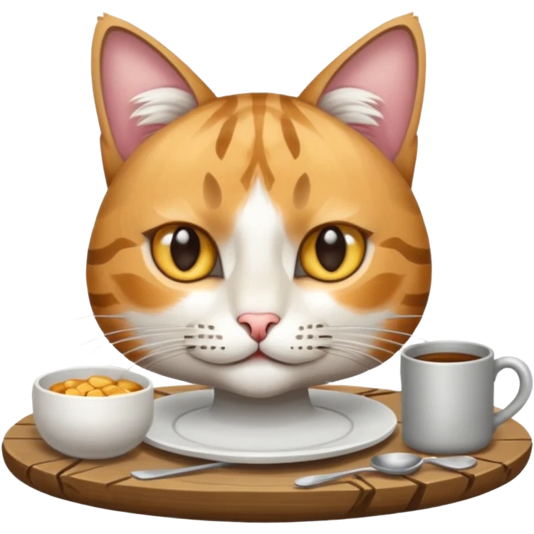 grau weiße Katze auf Tisch mit einem Teller Frikadellen vor sich emoji