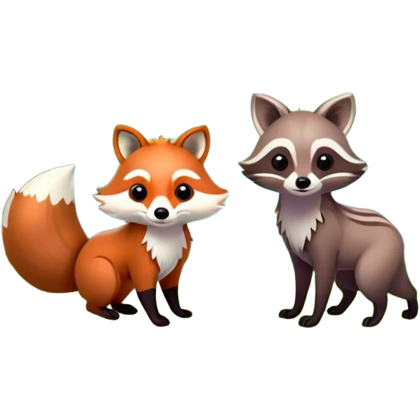 raccoon and a fox among a colorful forest with vibrant green trees, bushes and flowers. The animals are in the foreground, surrounded by a lush, bright forest, with soft sunlight filtering through the leaves. A playful photo-realistic and wild scene with a transparent background. emoji