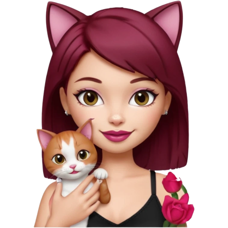 generate a pretty bratz girl with short dark red hair holding a cat smiling. Wearing a black cami emoji