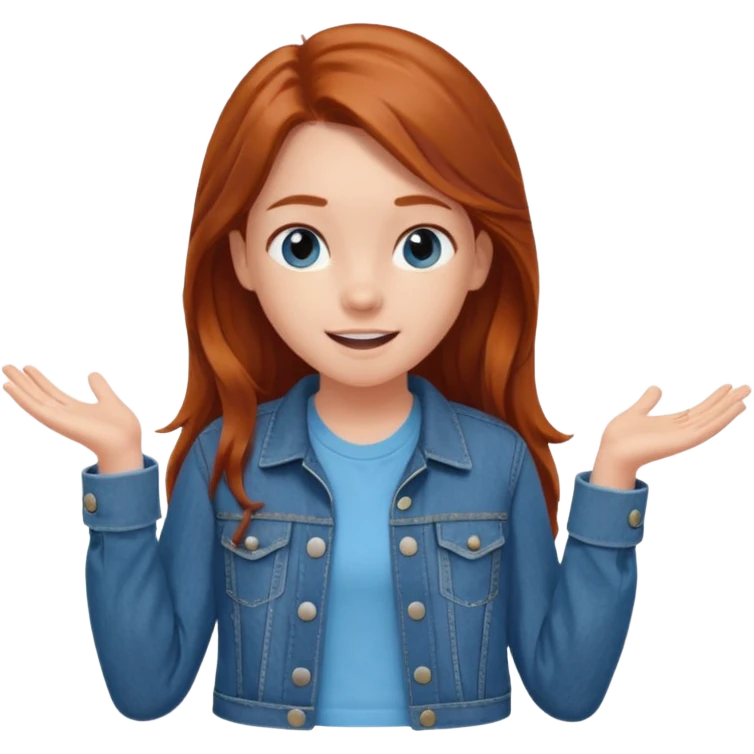 shrugging happy emoji tween long auburn hair light blue shirt with a darker blue L emoji