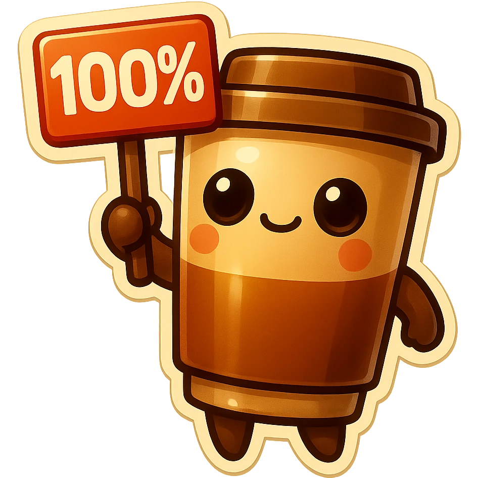 Tall coffee cup, no mouth, holding sign "100%" emoji