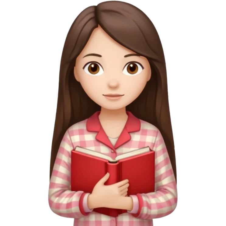 Миловидная девушка брюнетка с длинными  волосами, карими глазами в пижаме с книгой. Картинка должна были в цветах: бежевый, бледно красный и коричневый, белый emoji