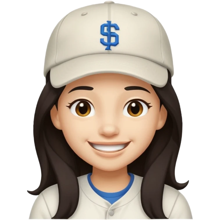 Digital illustration of a cartoon character with a big smile on its face and winking. The character has long dark hair and is wearing a white baseball cap and casual clothes. The overall style of the illustration is cute and playful. emoji