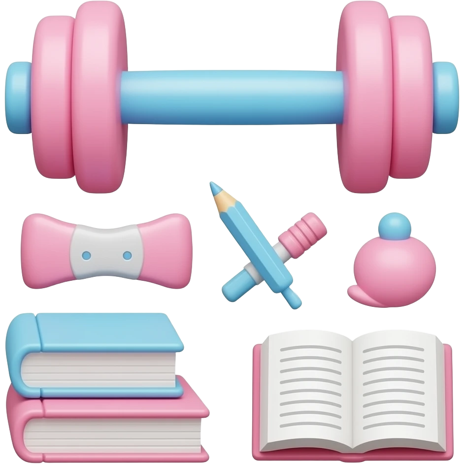 健身器材+学习用具，要写实，不要卡通，主要用色为淡粉色和蓝色 emoji