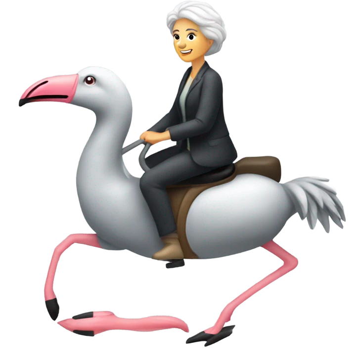 Older caucasian, gray hair,  woman riding flamingo emoji