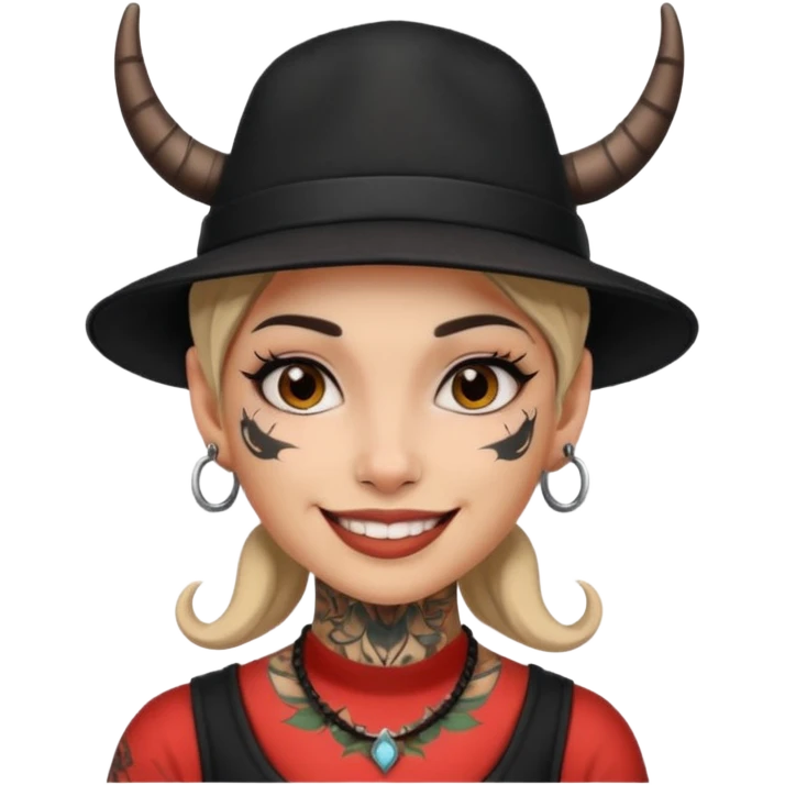 Woman with small horns — black hat, face tattoos emoji