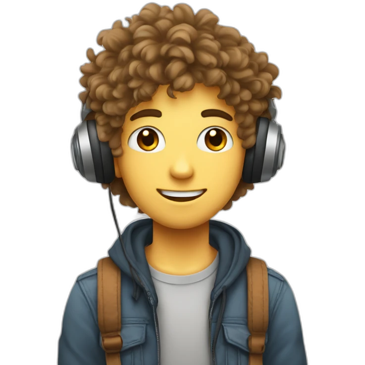 Adolescent garçon avec des cheveux bouclés et unCasque de musique avec des oreilles de chat dessus emoji