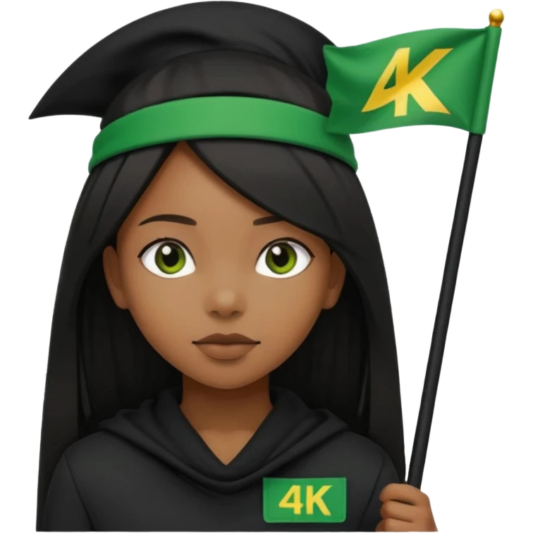 Black girl with straight hair with a green flag on her head that says 4kt on top of it with all black clothes on  emoji