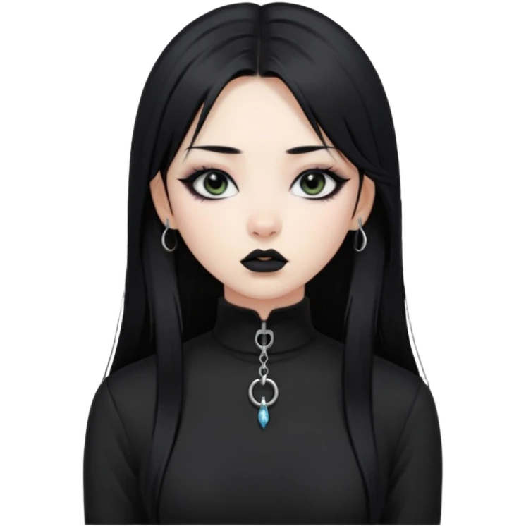 goth Asian girl, straight long black hair, vertical labret lip piercing, black mock neck shirt emoji